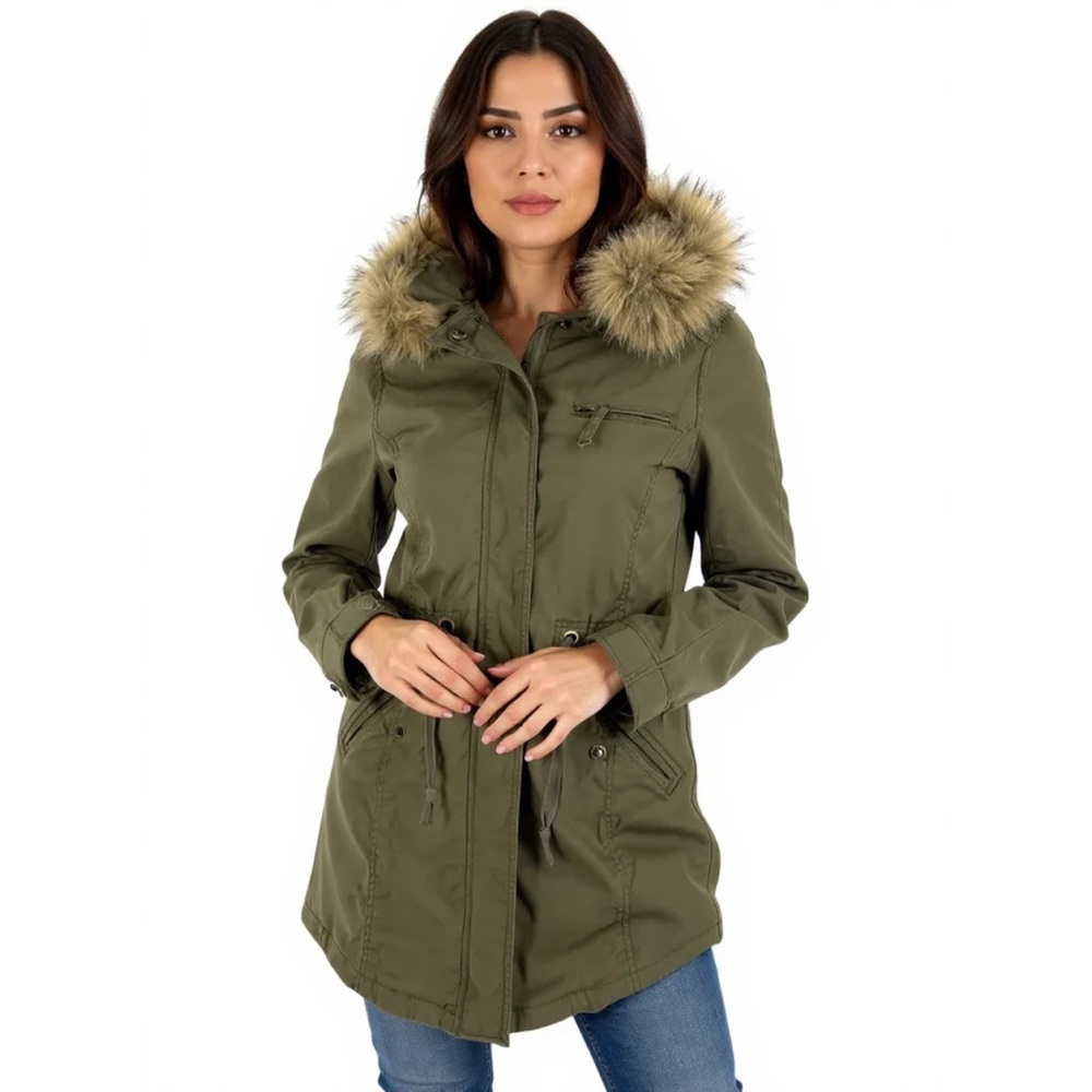 Lucky Brand Womens Olive Green Faux Fur Hooded Midi Anorak Field Jacket Size XS